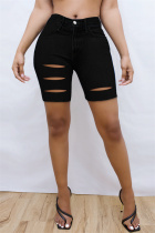 Black Fashion Casual Solid Ripped High Waist Skinny Denim Shorts