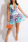 Blue Purple Fashion Print Backless Strap Design Halter Sleeveless Two Pieces