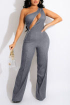 Grey Casual Solid Split Joint Zipper Oblique Collar Straight Jumpsuits