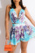 Purple Fashion Print Backless Strap Design Halter Sleeveless Two Pieces