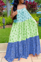 Blue Casual Sweet Print Patchwork Spaghetti Strap A Line Dresses
