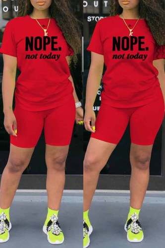Red Fashion Casual Letter Print Basic O Neck Short Sleeve Two Pieces