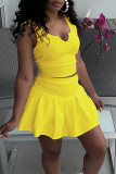 Yellow Sexy Casual Solid Basic V Neck Sleeveless Two Pieces
