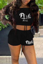 Black Sexy Print Patchwork Short Sleeve Two Pieces