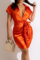 Tangerine Elegant Solid Patchwork V Neck Straight Dresses