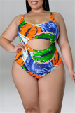 Green Fashion Sexy Print Hollowed Out U Neck Plus Size Two Pieces
