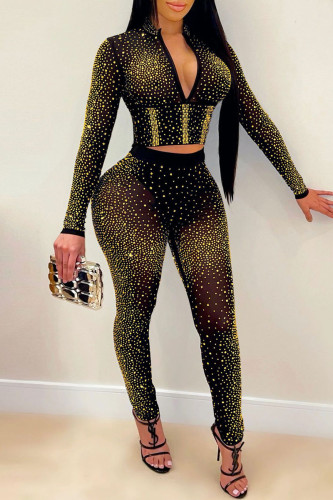Gold Fashion Casual Patchwork Hot Drill V Neck Long Sleeve Two Pieces