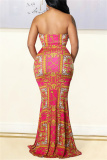 Red Fashion Sexy Print Hollowed Out Backless Slit Strapless Evening Dress