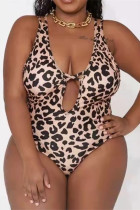 Leopard Print Fashion Sexy Print Leopard Backless V Neck Plus Size Swimwear