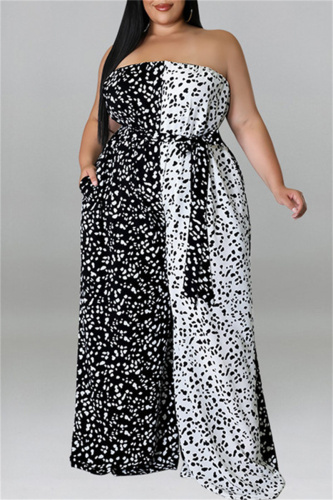 White Fashion Casual Print Patchwork Backless With Belt Strapless Plus Size Jumpsuits