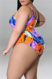 Purple Fashion Sexy Print Hollowed Out U Neck Plus Size Two Pieces