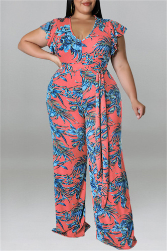 Red Fashion Casual Print With Belt V Neck Plus Size Two Pieces