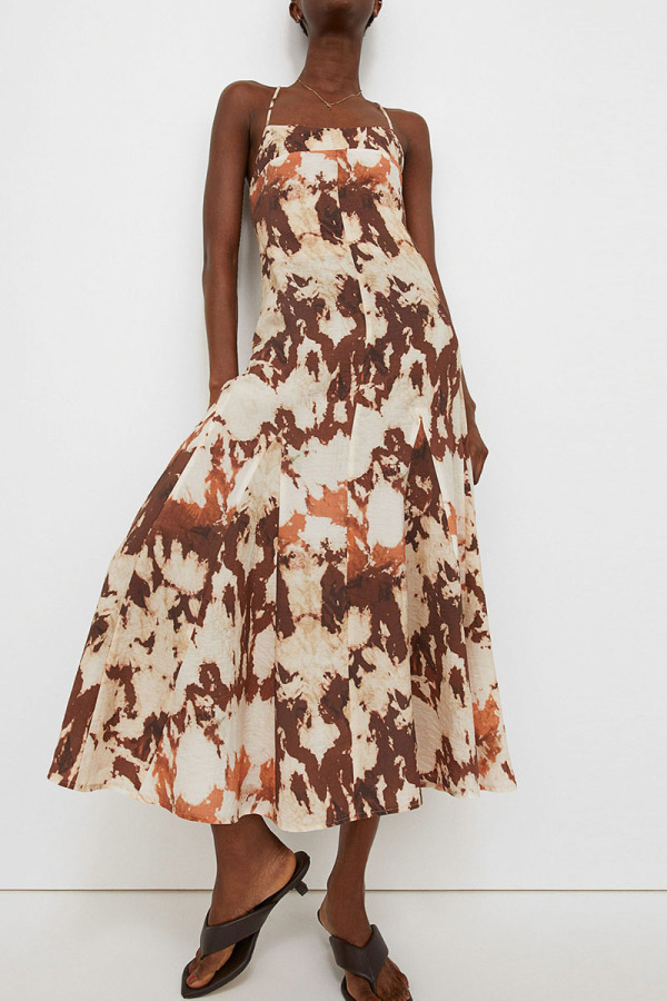 Light Brown Sexy Print Patchwork Backless Spaghetti Strap Straight Dresses