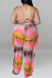 Red Fashion Sexy Print Bandage Backless Halter Plus Size Two Pieces