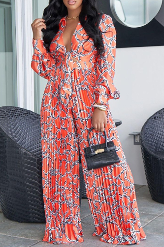 Tangerine Red Fashion Print Patchwork Turndown Collar Long Sleeve Two Pieces