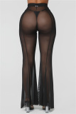 Black Fashion Casual Solid See-through Regular High Waist Trousers