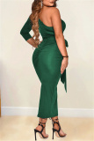 Green Fashion Casual Solid Backless Oblique Collar Long Sleeve Dresses