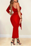 Red Fashion Casual Solid Backless Oblique Collar Long Sleeve Dresses