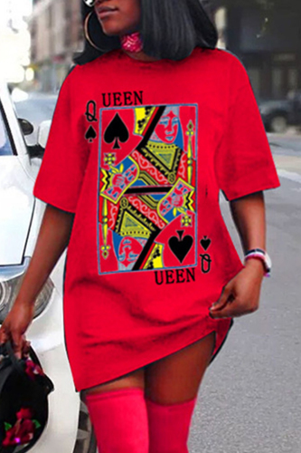 Red Fashion Casual Print Basic O Neck Short Sleeve Dress