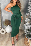Black Fashion Casual Solid Backless Oblique Collar Long Sleeve Dresses