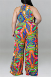 Blue Fashion Casual Print With Belt O Neck Plus Size Jumpsuits