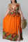 Orange Fashion Sexy Plus Size Print Backless Slit Spaghetti Strap Long Dress