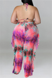 Red Fashion Sexy Print Bandage Backless Halter Plus Size Two Pieces