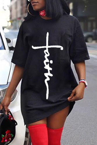 Black Fashion Casual Print Basic O Neck Short Sleeve Dress