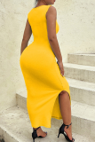 Yellow Sexy Solid Hollowed Out O Neck Pencil Skirt Dresses