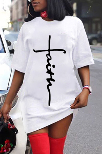 White Fashion Casual Print Basic O Neck Short Sleeve Dress