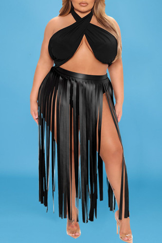 Black Fashion Sexy Solid Tassel Backless Halter Plus Size Two Pieces