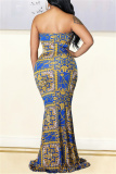 Blue Fashion Sexy Print Hollowed Out Backless Slit Strapless Evening Dress