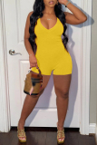 Yellow Fashion Casual Solid Backless V Neck Skinny Romper