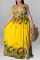 Yellow Fashion Sexy Plus Size Print Backless Slit Spaghetti Strap Long Dress