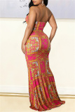 Red Fashion Sexy Print Hollowed Out Backless Slit Strapless Evening Dress
