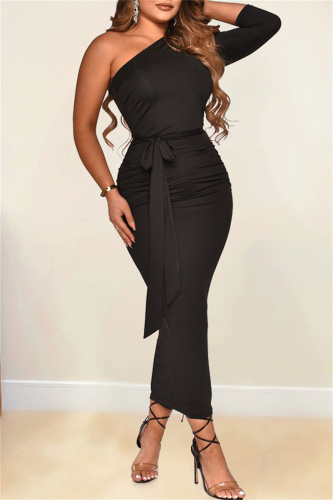 Black Fashion Casual Solid Backless Oblique Collar Long Sleeve Dresses