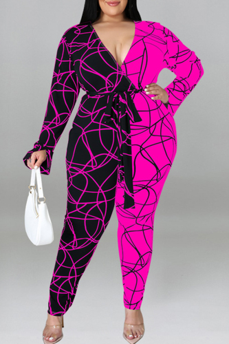 Red Fashion Casual Print Patchwork With Belt V Neck Plus Size Jumpsuits