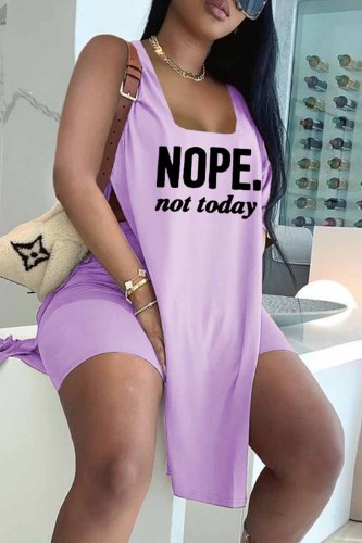 Purple Fashion Casual Letter Print Slit U Neck Sleeveless Two Pieces