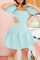 Blue Sweet Solid Hollowed Out Patchwork Square Collar A Line Dresses