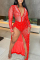 Red Fashion Sexy Casual Party Solid Hot Drilling See-through Slit V Neck Mesh Dress Dresses