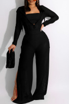 Black Sexy Solid Split Joint See-through Hooded Collar Long Sleeve Three Pieces