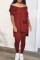 Burgundy Fashion Casual Solid Split Joint Slit V Neck Short Sleeve Two Pieces
