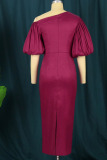 Burgundy Elegant Solid Patchwork Oblique Collar One Step Skirt Dresses