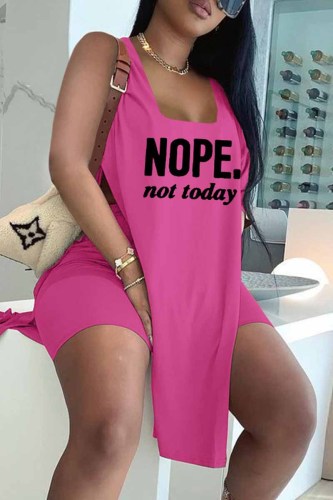 Rose Red Fashion Casual Letter Print Slit U Neck Sleeveless Two Pieces