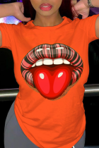 Orange Fashion Street Lips Printed Split Joint O Neck T-Shirts