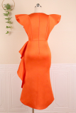 Tangerine Red Party Solid Flounce V Neck Cake Skirt Dresses
