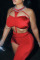 Red Sexy Solid Hollowed Out Patchwork Asymmetrical Halter Sleeveless Two Pieces