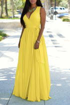 Yellow Fashion Solid Split Joint V Neck Waist Skirt Dresses