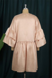 Apricot Fashion Casual Solid Split Joint Flounce V Neck Long Sleeve Dresses