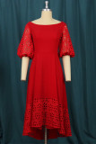 Red Fashion Casual Patchwork Solid Hollowed Out O Neck Long Dress